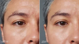 Before and after photo showing reduction in forehead wrinkles after consistent tretinoin use