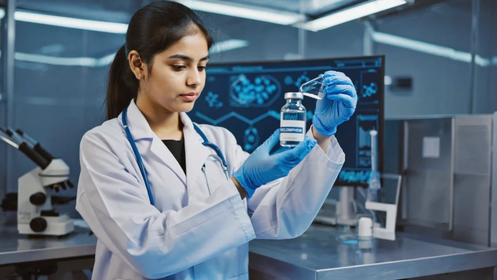 Woman taking Enclomiphene tablet as part of hormonal balance treatment