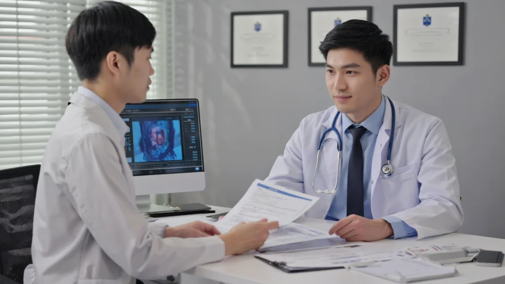 Doctor performing penile Doppler ultrasound for erectile dysfunction diagnosis