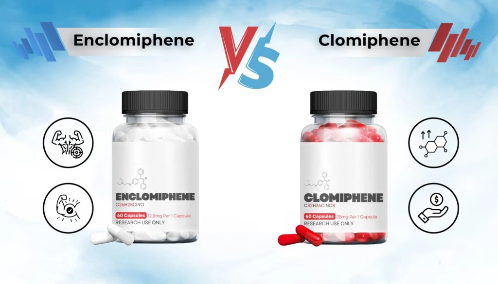 Prescription bottles of Clomiphene and Enclomiphene placed side by side for comparison